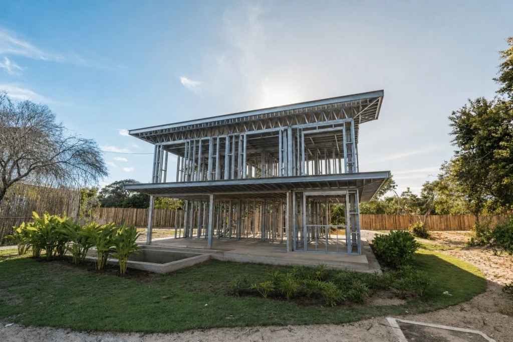 Residência em construção com estrutura de Light Steel Frame aparente