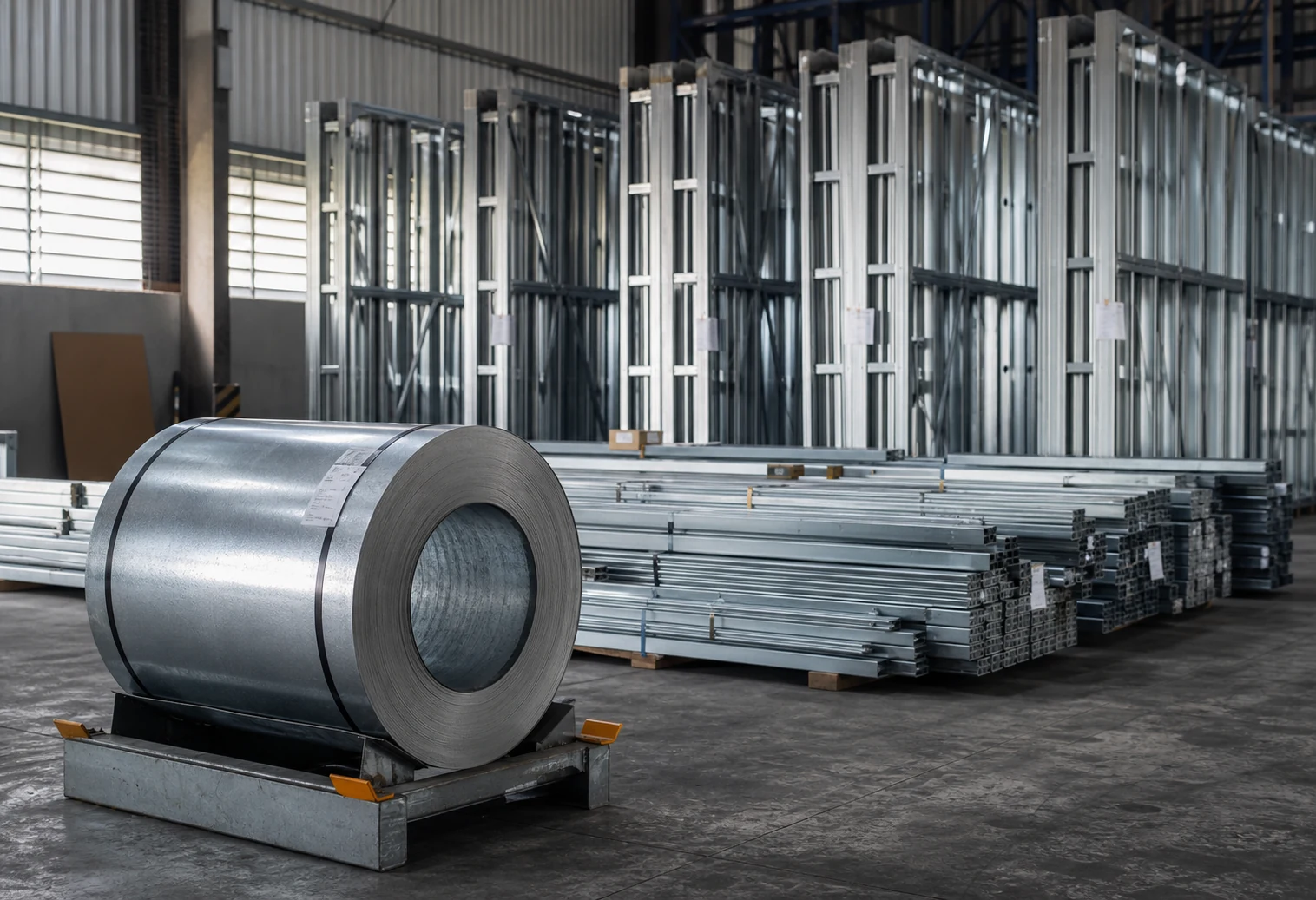 Bobina de aço galvanizado, perfis leves e painéis estruturais LSF organizados na fábrica